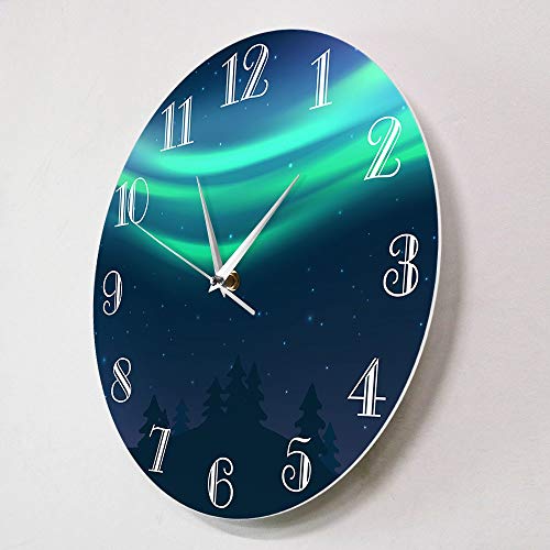 XCJX 12 Pulgadas sin Marco Reloj de Pared con Ilustraciones de Auroras boreales de Paisaje Natural Auroras boreales Verdes no Hace tictac Reloj de Pared Deportivo silencioso Sala de Estar