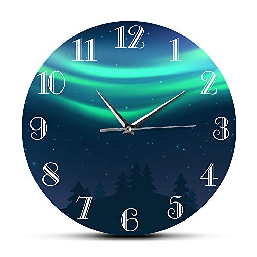 XCJX 12 Pulgadas sin Marco Reloj de Pared con Ilustraciones de Auroras boreales de Paisaje Natural Auroras boreales Verdes no Hace tictac Reloj de Pared Deportivo silencioso Sala de Estar
