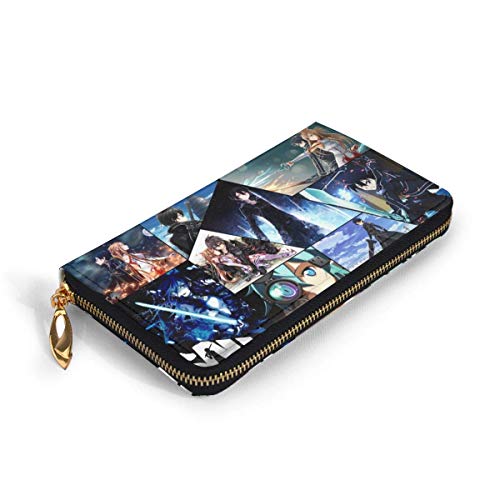 XCNGG Sword Art Online Cartera con bloqueo Carteras de cuero genuino Cartera con doble cremallera Organizador Bolso de mano Titular de la tarjeta de crédito Monedero de gran capacidad Bolso para teléf