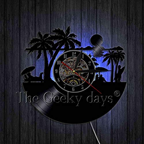 xcvbxcvb Reloj de Pared con Registro de Vinilo artístico de Surf, decoración de Pared de Surf, Tabla de Surf de Windsurf, Reloj Deportivo con Vista al mar, Reloj, decoración de Pared