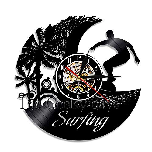 xcvbxcvb Surf Art Decoración de Pared Diseño Moderno Reloj de Pared con Disco de Vinilo Reloj de Tiempo con Tema de Surfista de Playa Scence con retroiluminación Colorida