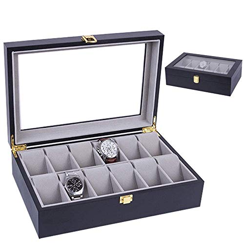 XHSBH Refinado y Elegante exhibición del Reloj Caja de la Caja, for Hombre de 12 Ranuras de Madera Titular Caja de Reloj Organizador Borre Top Reloj Pantalla Bandeja Hebilla de Metal Relojes de almac