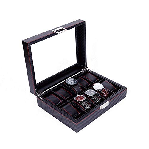 XHSBH Refinado y Elegante exhibición del Reloj Caja de la Caja, for Hombre Sostenedor de Madera de Fibra de Carbono 10 Ranuras de la Caja de Reloj de Pulsera Clear Top Display Organizador del almacen