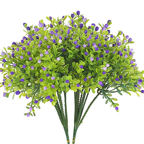 XHXSTORE 2pcs arbustos Artificiales Exterior Interior Flores de plastico Verde Hojas con Flores purpuras Planta artifiical Decorativas para Jarrones Maceta Jardinera Mesa Boda Fiesta Butizo Terraza