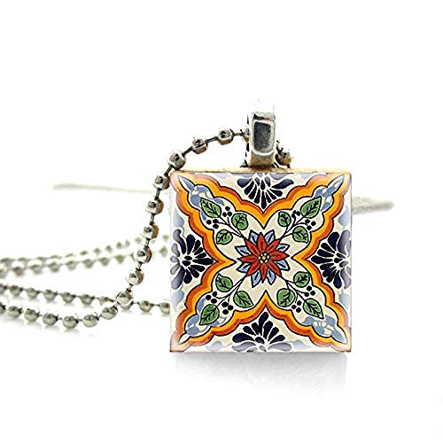Xianglsp Co.,ltd Vintage Pintado a Mano Mexicano Talavera T patrón Estampado Pintura Scrabble T Collar Hecho a Mano Madera Colgante Collares