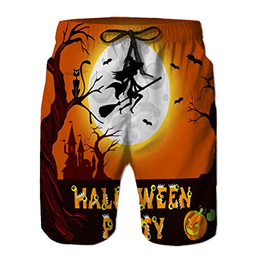 Xunulyn Men 's Beach Swim Trunks Shorts con Bolsillo Halloween Misterioso Paisaje Nocturno Bruja Mosca Escoba Castillo Luna Dibujo Plantilla Completa tu diversión
