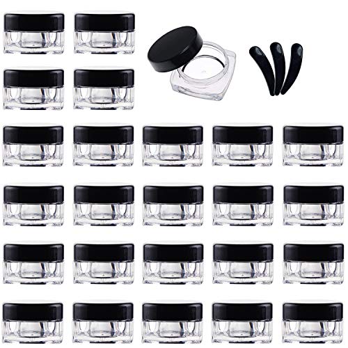 Yalbdopo - Juego de 25 tarros de plástico vacíos para cosméticos con tapas de rosca negras, para crema, polvo, almacenamiento de maquillaje, incluye 3 mini espátulas
