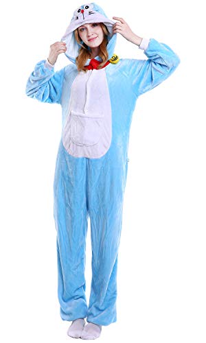 YAOMEI Adulto Unisexo Onesies Kigurumi Pijamas, Mujer Hombres Traje Disfraz Animal Pyjamas, Ropa de Dormir Halloween Cosplay Navidad Animales de Vestuario (L, Doraemon)