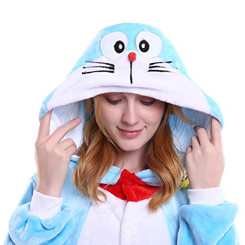 YAOMEI Adulto Unisexo Onesies Kigurumi Pijamas, Mujer Hombres Traje Disfraz Animal Pyjamas, Ropa de Dormir Halloween Cosplay Navidad Animales de Vestuario (L, Doraemon)