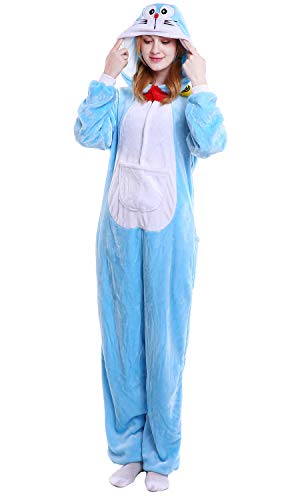 YAOMEI Adulto Unisexo Onesies Kigurumi Pijamas, Mujer Hombres Traje Disfraz Animal Pyjamas, Ropa de Dormir Halloween Cosplay Navidad Animales de Vestuario (L, Doraemon)