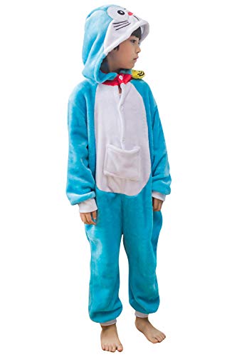YAOMEI Niños Onesies Kigurumi Pijamas, Niña Traje Disfraz Capucha, Ropa de Dormir Halloween Cosplay Navidad Animales de Vestuario (120, Doraemon)