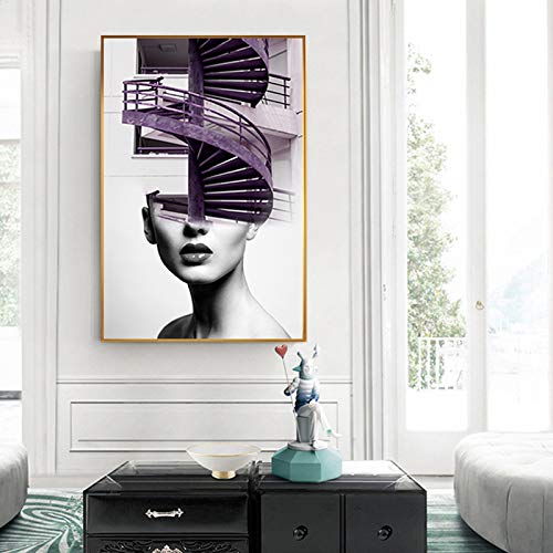 yaoxingfu Sin Marco Abstract Fashion Women Stair Canvas Art ng Carteles e Impresiones para Sala de Estar Pasillo Murale Salon Decoración Moderna 60x90cm
