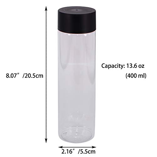YBCPACK - 12 botellas de plástico transparente para zumo (400 ml), con tapas negras, botellas de plástico para batidos, ideal para agua, jugo, leche y otras bebidas caseras