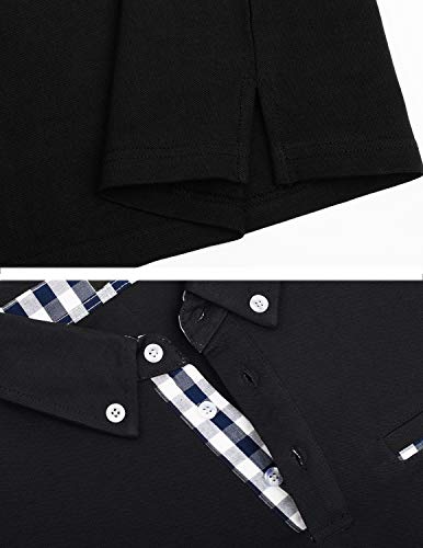 YCUEUST Casual Polo de Manga Larga para Hombre Camisas con Cuello a Cuadros Negro x-Large