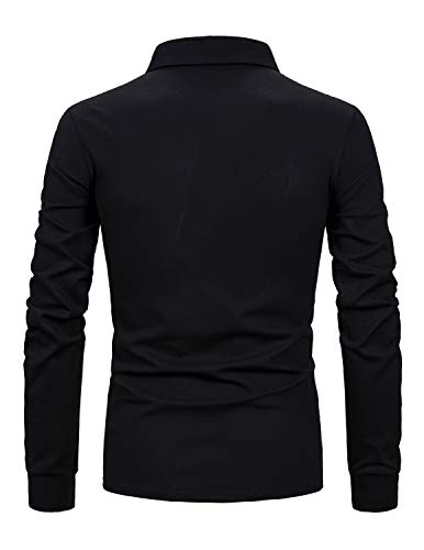 YCUEUST Casual Polo de Manga Larga para Hombre Camisas con Cuello a Cuadros Negro x-Large