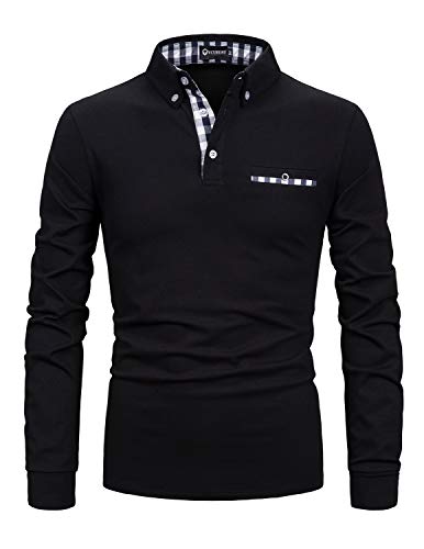YCUEUST Casual Polo de Manga Larga para Hombre Camisas con Cuello a Cuadros Negro x-Large