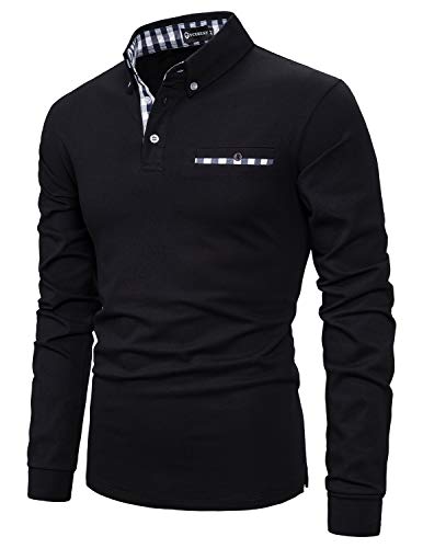 YCUEUST Casual Polo de Manga Larga para Hombre Camisas con Cuello a Cuadros Negro x-Large