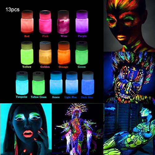 YEKKU Pigmento Luminoso, Neon Night Glow in The Dark Pigment, Pinturas Luminosas fosforescentes brillantes para decoraciones de Halloween de pintura mural, 13 piezas/juego