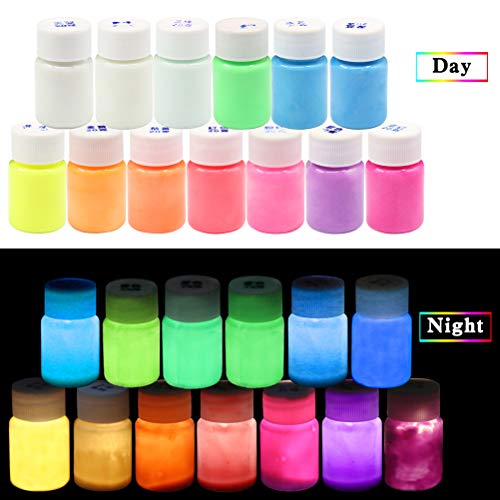 YEKKU Pigmento Luminoso, Neon Night Glow in The Dark Pigment, Pinturas Luminosas fosforescentes brillantes para decoraciones de Halloween de pintura mural, 13 piezas/juego