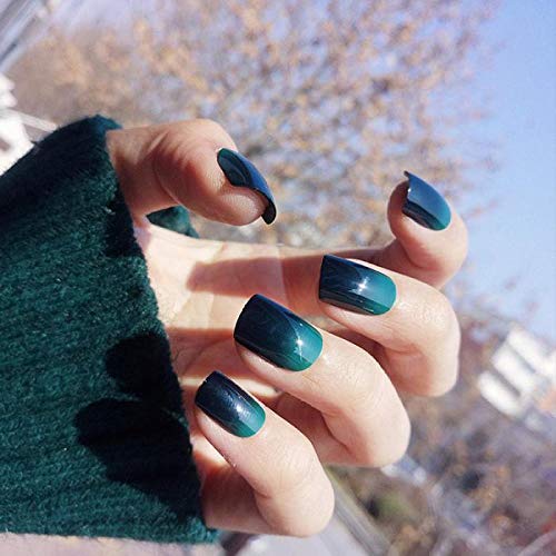 YFLDK Uñas postizas Venta caliente decoraciones para uñas consejos 24 piezas verde negro degradado uñas postizas cortas con pegamento color sólido cubierta completa dedo uñas postizas