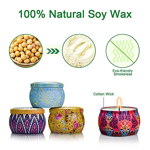 Yinuo Candle Velas Perfumadas Vela Aromática Caja de Regalo 4 Latas, 4.4 oz, 120 Horas de Quema, Cera de SOYA con Tarjeta de Felicitación, Patrón Clásico