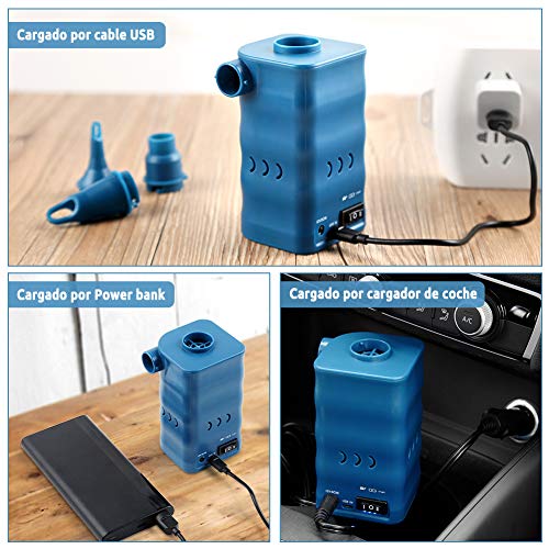 YISSVIC Bomba de Aire Eléctrica para Inflables, Compresor Aire para Colchoneta Infla-desinfla 2 en 1, con 3 Boquillas Diferentes, Alimentado por batería 6000mAh o DC 12V