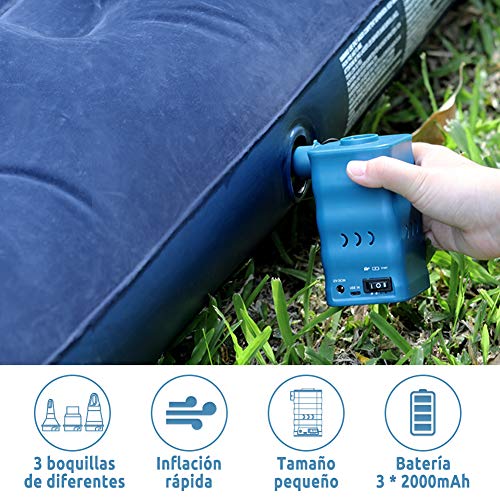 YISSVIC Bomba de Aire Eléctrica para Inflables, Compresor Aire para Colchoneta Infla-desinfla 2 en 1, con 3 Boquillas Diferentes, Alimentado por batería 6000mAh o DC 12V