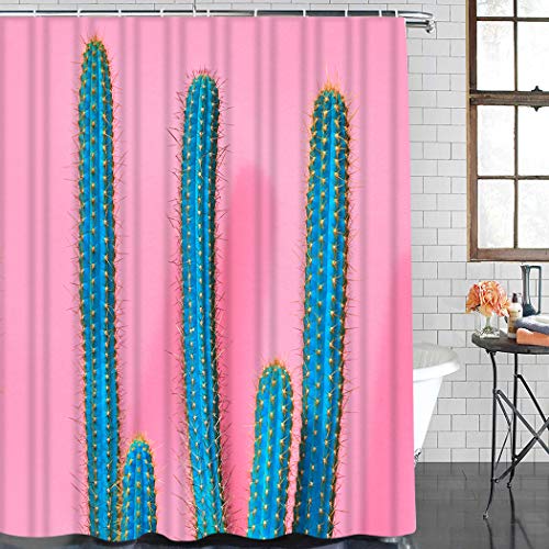 Y·JIANG - Juego de cortinas de ducha tropicales de cactus de color azul, decoración de plantas de cactus de poliéster, lavable, con 12 ganchos, no necesita forro para baño, 152,4 x 182,8 cm