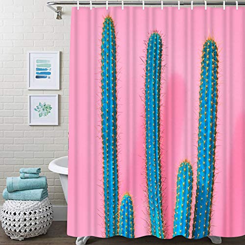 Y·JIANG - Juego de cortinas de ducha tropicales de cactus de color azul, decoración de plantas de cactus de poliéster, lavable, con 12 ganchos, no necesita forro para baño, 152,4 x 182,8 cm