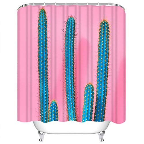 Y·JIANG - Juego de cortinas de ducha tropicales de cactus de color azul, decoración de plantas de cactus de poliéster, lavable, con 12 ganchos, no necesita forro para baño, 152,4 x 182,8 cm