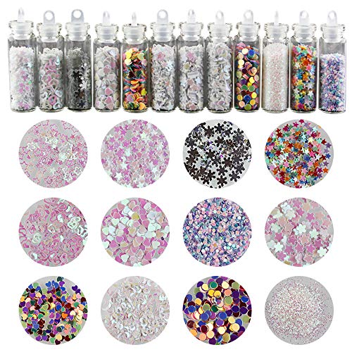 YOFASEN 12 Botellas Purpurina - Purpurina Decoración - Polvo de Purpurina/Purpurina Manualidades/Purpurina Pelos/Decorar Purpurina para Uñas, Cara - Purpurina para Maquillaje, Blanco Brillante