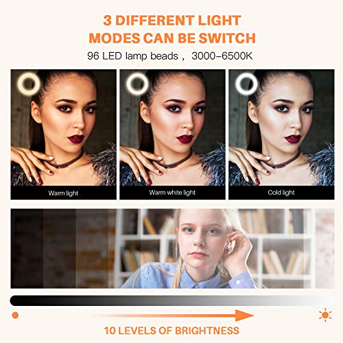 Yoozon Anillo de luz LED con Trípode Ajustable de Palo Selfie 3 en 1 para teléfonos/cámara pequeña, 3 Colores 10 Brillos y Soporte Móvil Giratorio para Youtube,Selfies,transmisión en Vivo,TikTok etc