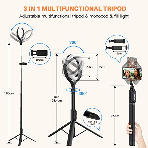 Yoozon Anillo de luz LED con Trípode Ajustable de Palo Selfie 3 en 1 para teléfonos/cámara pequeña, 3 Colores 10 Brillos y Soporte Móvil Giratorio para Youtube,Selfies,transmisión en Vivo,TikTok etc