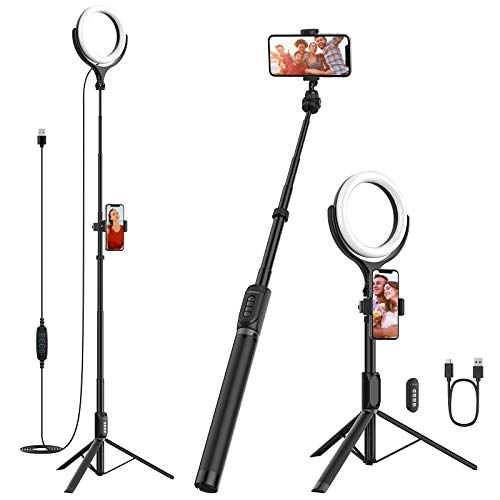 Yoozon Anillo de luz LED con Trípode Ajustable de Palo Selfie 3 en 1 para teléfonos/cámara pequeña, 3 Colores 10 Brillos y Soporte Móvil Giratorio para Youtube,Selfies,transmisión en Vivo,TikTok etc