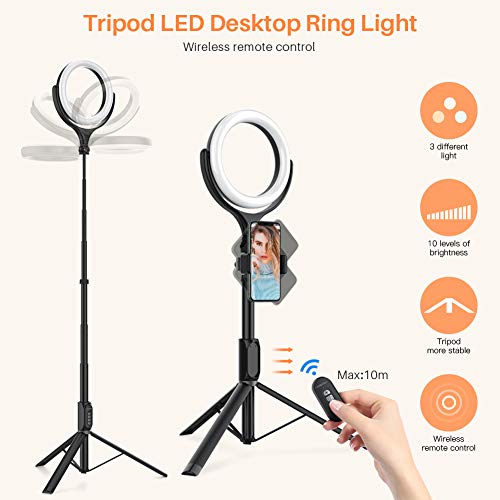 Yoozon Anillo de luz LED con Trípode Ajustable de Palo Selfie 3 en 1 para teléfonos/cámara pequeña, 3 Colores 10 Brillos y Soporte Móvil Giratorio para Youtube,Selfies,transmisión en Vivo,TikTok etc