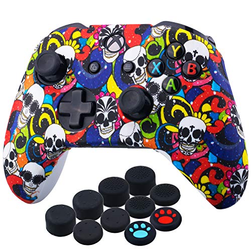 YoRHa Impresión Caucho de Silicona Funda Skin Case Carcasas Piel para Xbox One S/X Mando Controller x 1 (Maquillajes de Cráneos) Con Agarres para el Pulgar Thumb Grip x 10
