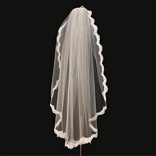 YOWAX 1T Velos de Novia Velo Nupcial Mujer Boda Accesorios con Gratis Peine Dedo Longitud Apliques Lace Borde Velo para Novia-Ivory