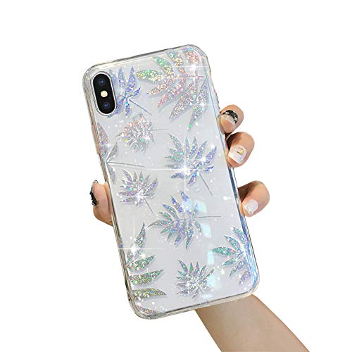 YSIMEE Compatible con Fundas iPhone XS MAX Estuches,Brilla Glitter Brillante Lentejuela Hoja Arce Moda TPU Transparente Puro Silicona Ultradelgada Concha Goma Case,Hoja Arce Grande