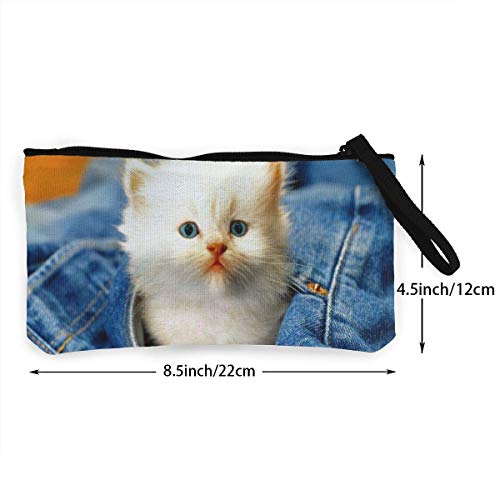 Yuanmeiju Animal Cat Jeans Gatito Blanco Lindo Lona Cambio Monedero Monedero Bolsa Bolsa Cremallera Titular Monedero Correa de muñeca Maquillaje Estuche de lápices Personalizado