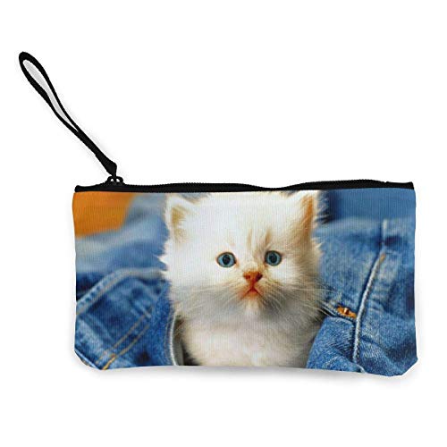 Yuanmeiju Animal Cat Jeans Gatito Blanco Lindo Lona Cambio Monedero Monedero Bolsa Bolsa Cremallera Titular Monedero Correa de muñeca Maquillaje Estuche de lápices Personalizado