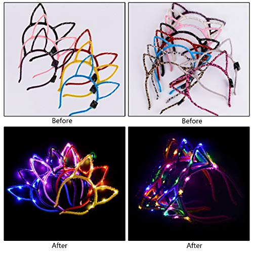Yuccer Diadema Orejas de Gato luz LED Diadema Headwear Decoración Accesorio Mujeres Niñas Halloween Fiesta Luminosos Juguetes Neón Party Favors 20 Pcs (Color Aleatorio)