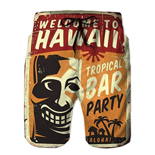 Yuerb Men 's Swim Trunks Shorts de Playa Tabla de Secado rápido Short Retro Hawaii Letrero de Metal Plantilla de Cartel de Barra Tropical máscara de Tiki Viejo Fondo Amarillo Grunge