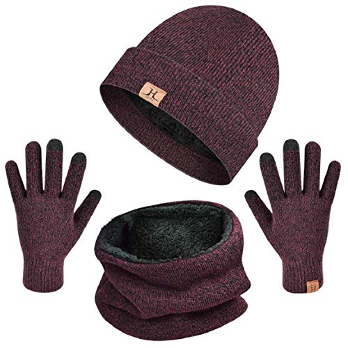 Yuson Girl Set de Bufanda, Conjunto de Guantes de Punto BufaSombrero de Invierno Gorras Con Bufanda y Gorros de punto Sombreros de Suave Encantador Invierno de Guantes (Rojo Oscuro)