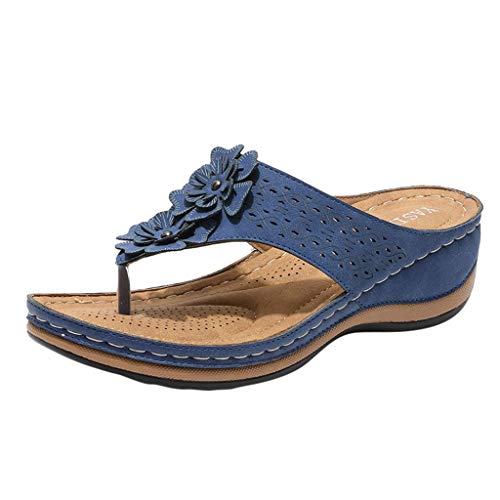 YWLINK Sandalias De CuñA para Mujer Ahuecar Flores Chanclas De Playa Bohemia Verano Sandalias Planas De Gran TamañO Zapatillas Antideslizantes(Azul,40EU)