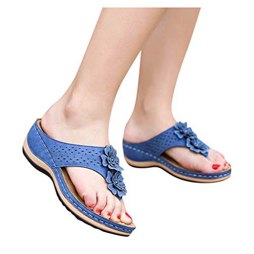 YWLINK Sandalias De CuñA para Mujer Ahuecar Flores Chanclas De Playa Bohemia Verano Sandalias Planas De Gran TamañO Zapatillas Antideslizantes(Azul,40EU)
