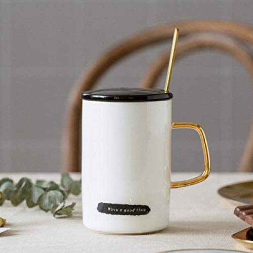 YXYLQ Tazas De Cerámica con Tapa Cuchara De Color Dorado Taza Moring Creativa con Mango De Color Glod Leche Café Té Tazas De Porcelana 400 Ml Sh368-Have_A_Good_Time