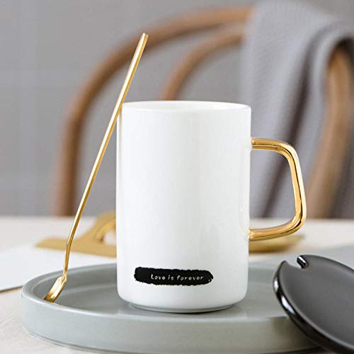 YXYLQ Tazas De Cerámica con Tapa Cuchara De Color Dorado Taza Moring Creativa con Mango De Color Glod Tazas De Porcelana De Té De Café con Leche 400 Ml Sh368-Keep_It_Smile