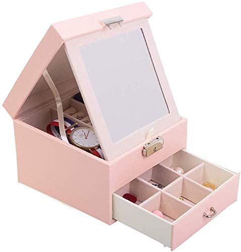 YYANG Joyero Organizador De Joyas con Estuche De Viaje Mini Y Espejo Diseño De Piel Sintética con Interior De Terciopelo,Pink