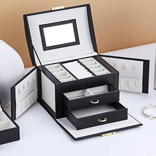 YYANG Joyero Organizador De Joyas Estuche De Joyería con Cerradura con Espejo Estuche De Viaje Portátil para Anillos Pendientes Collares Regalo,Black