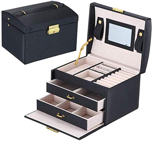 YYANG Joyero Organizador De Joyas Estuche De Joyería con Cerradura con Espejo Estuche De Viaje Portátil para Anillos Pendientes Collares Regalo,Black